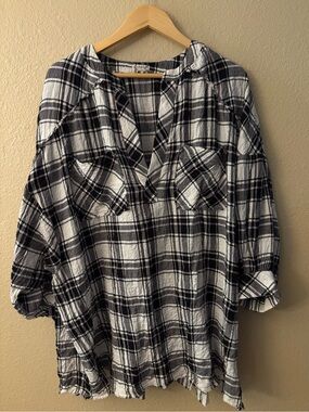 Free People XS Oversized Plaid Tunic Shirt Black White Cotton Blend